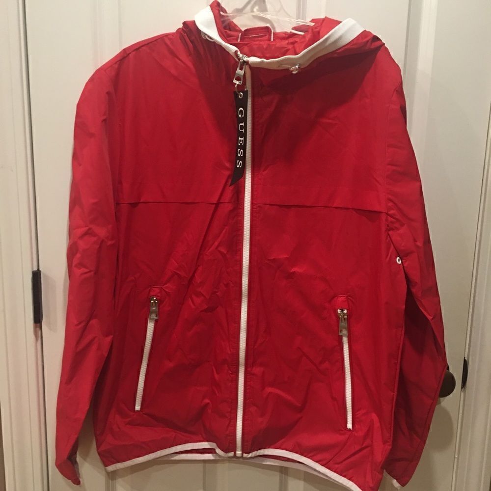 Guess large red water resistant windbreaker hoodie zip up jacket